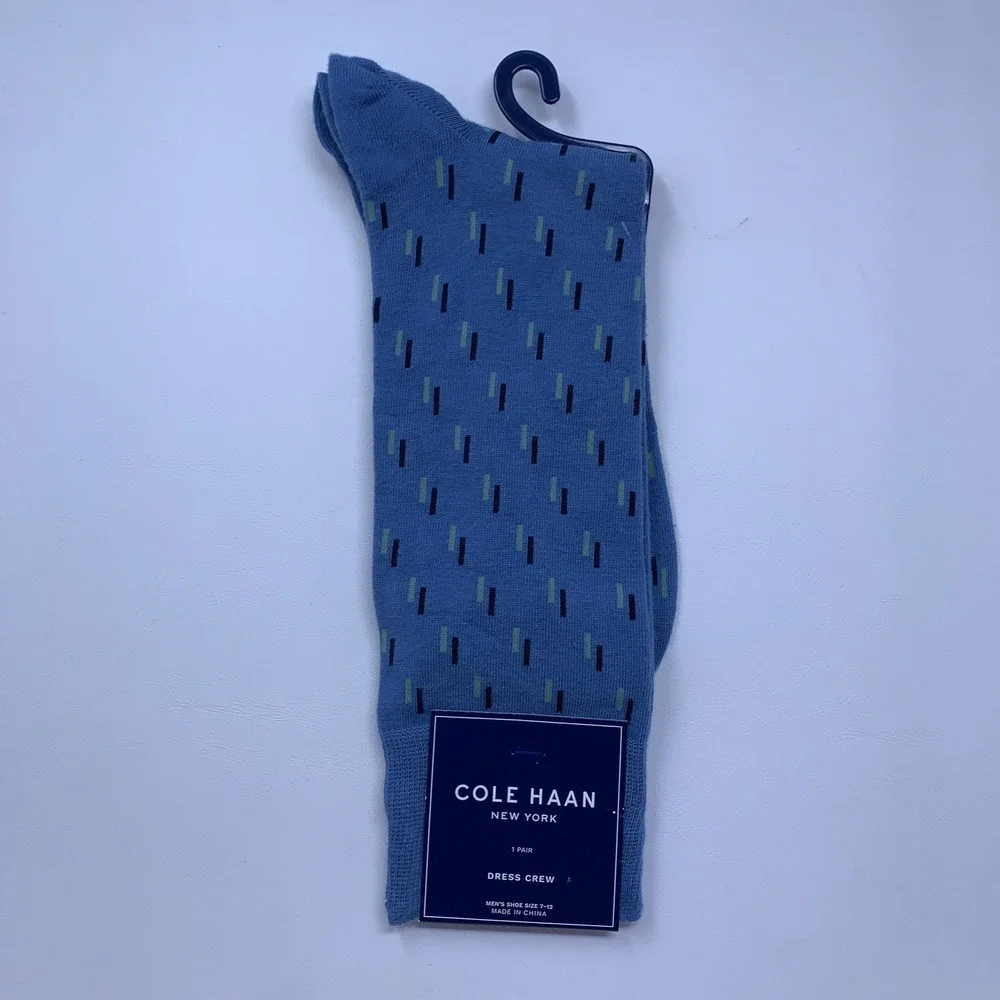 Cole Haan Mens 7-12 Blue Dash Pattern Combed Cotton Blend Dress Crew Socks NWT